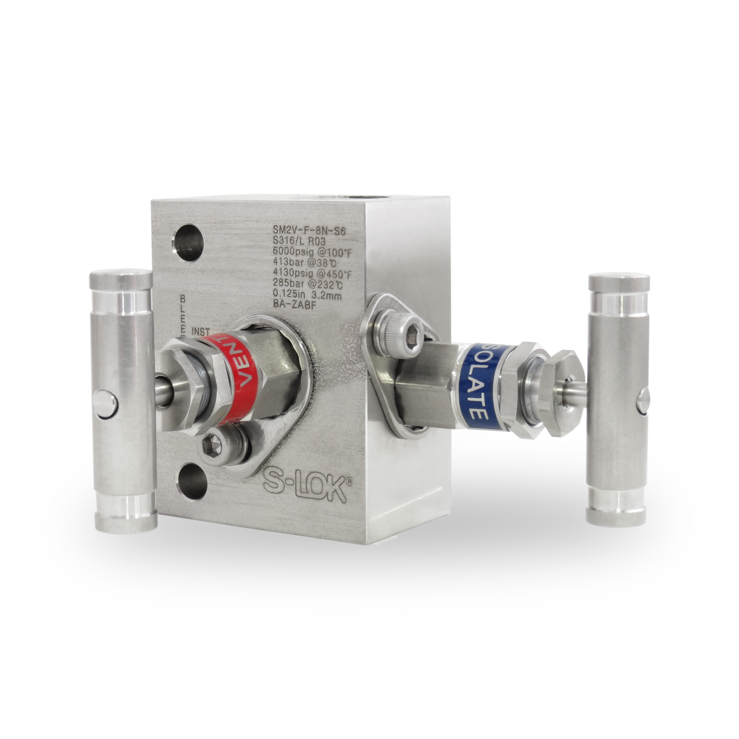 Manifold 2 vias de 1/2" NPT Hembra roscada A Inox S316, Purga 1/2" NPT