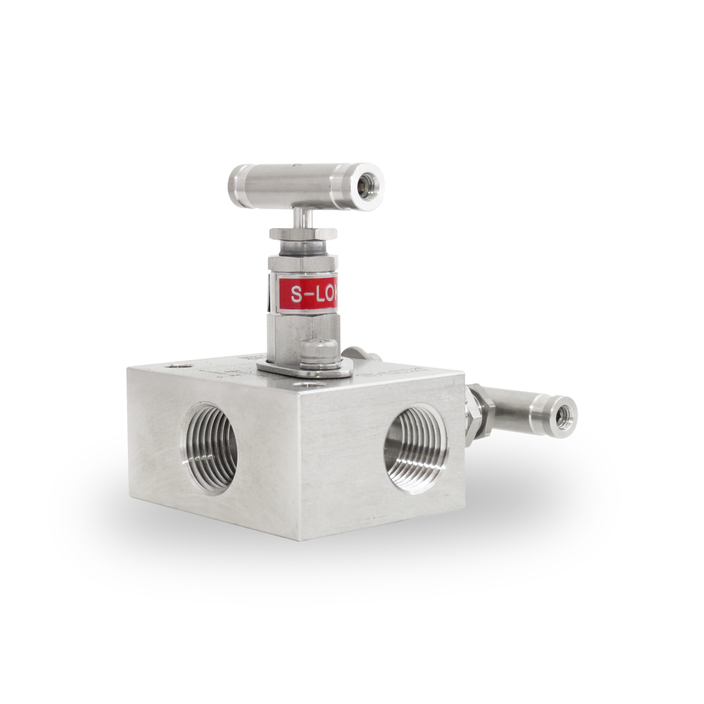 Manifold 2 vias de 1/2" NPT Hembra roscada A Inox S316, Purga 1/2" NPT