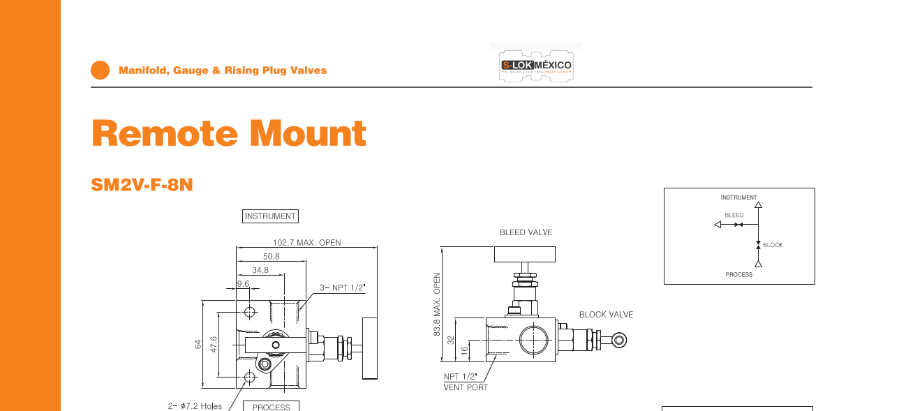 Manifold 2 vias de 1/2" NPT Hembra roscada A Inox S316, Purga 1/2" NPT
